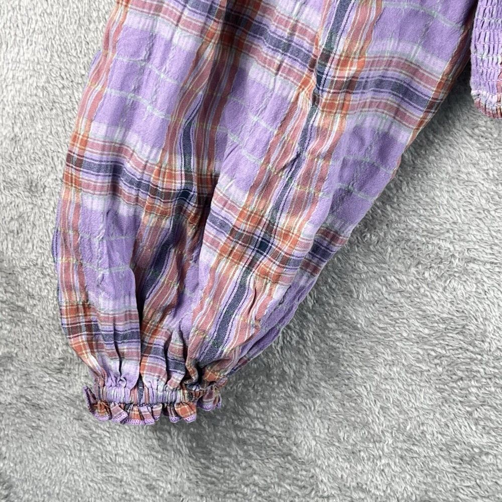 Free People‎ Cherry Bomb Top Womens XL Purple Plaid Balloon Sleeves Ruched Boho - Picture 4 of 11